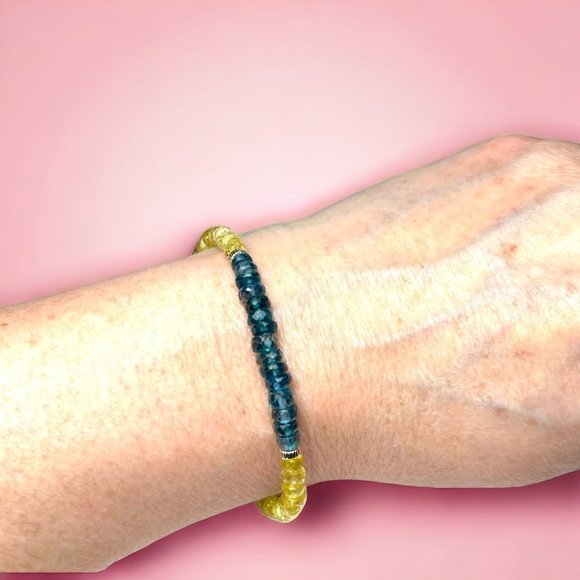 Solid 14K Gold 585 Natural London Blue Topaz and Yellow Sapphire Bracelet - Picture 3 of 9